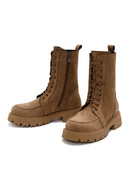 Women's Camel Zippered Nubuck Leather Combat Boots | Derimod