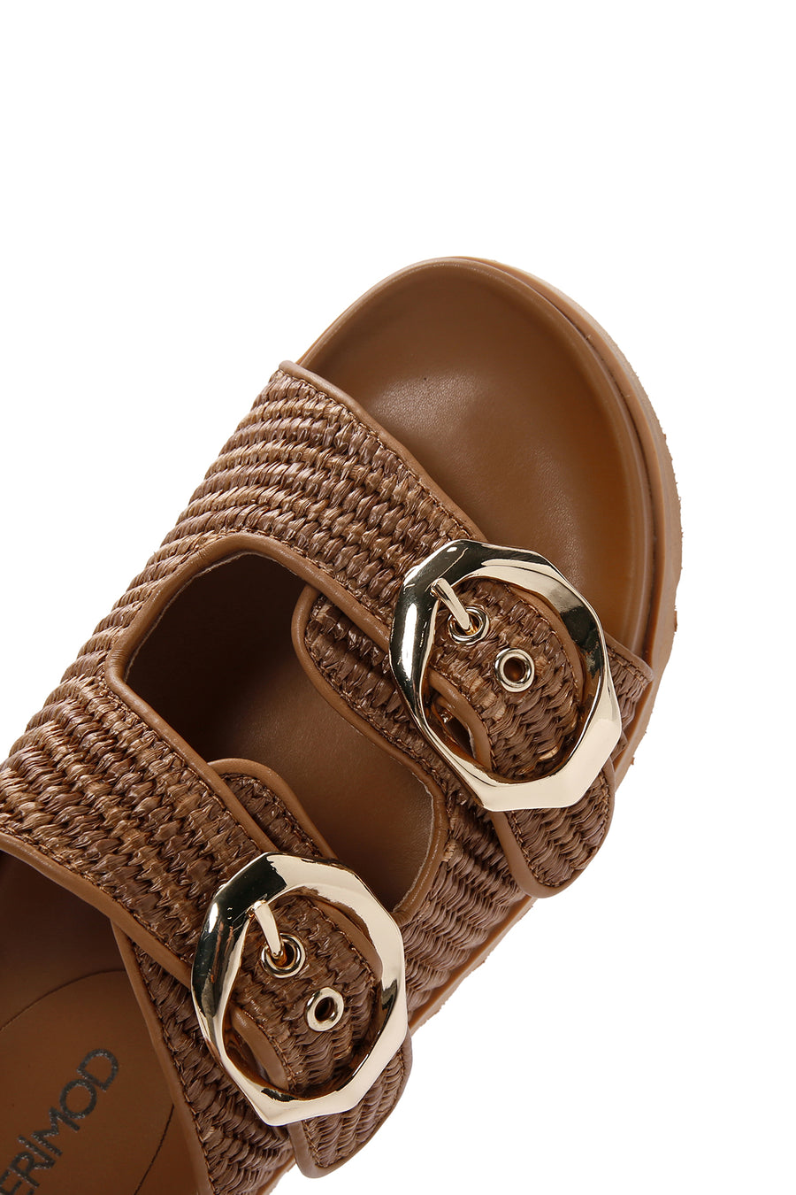 Women's Tan Double Buckle Straw Slippers