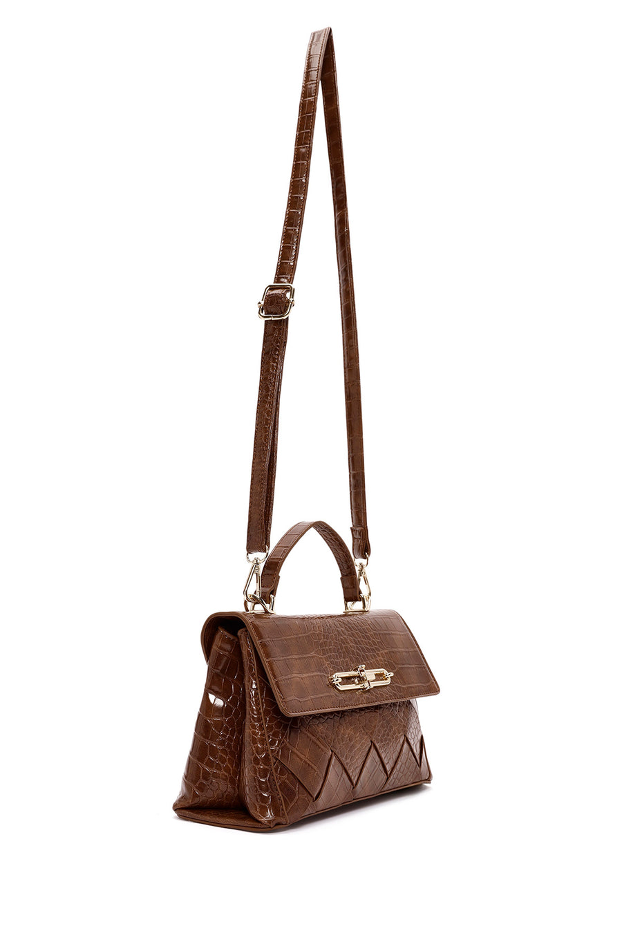 Women's Brown Long Strap Crocodile Patterned Handbag