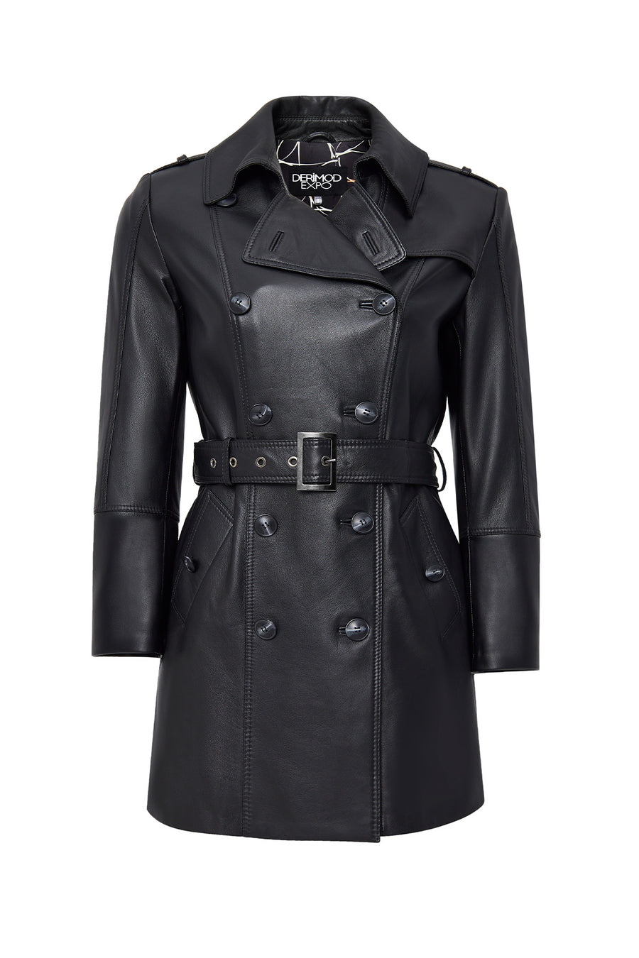 Matilda Women's Black Double Breasted Leather Coat 24WGE52721M | Derimod