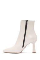 Women's Cream Zippered Thin Heel Leather Boots | Derimod