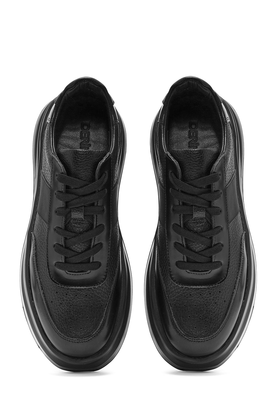 Erkek Siyah Bağcıklı Kalın Tabanlı Deri Sneaker