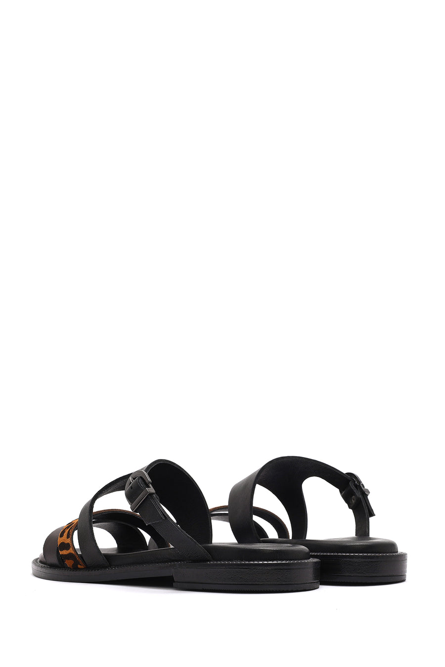 Women's Black Leopard Patterned Leather Slippers