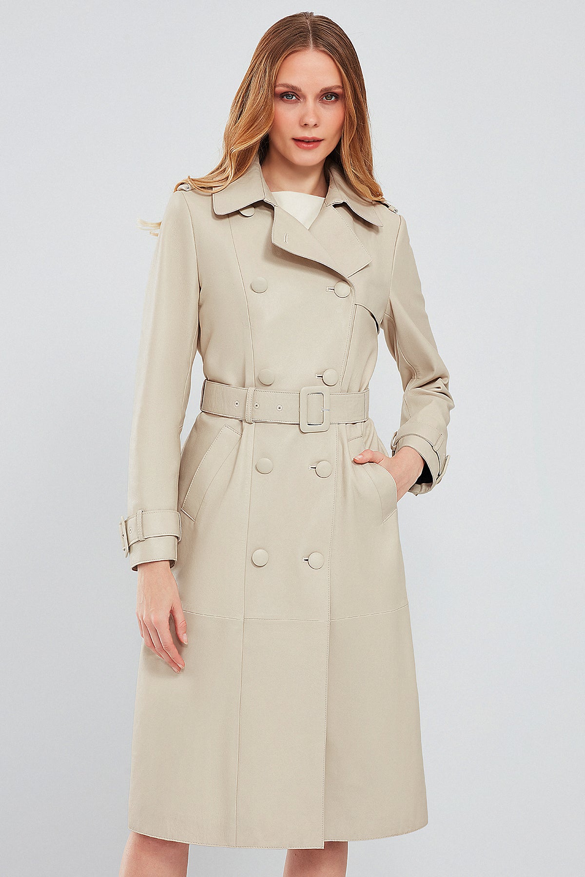 Fergie Women's Beige Long Leather Trench Coat 22WGD5027U4 | Derimod