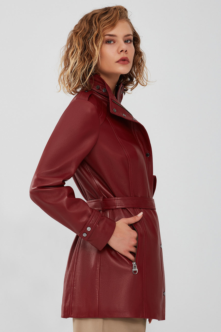 Whitney Kadın Bordo Uzun Deri Ceket