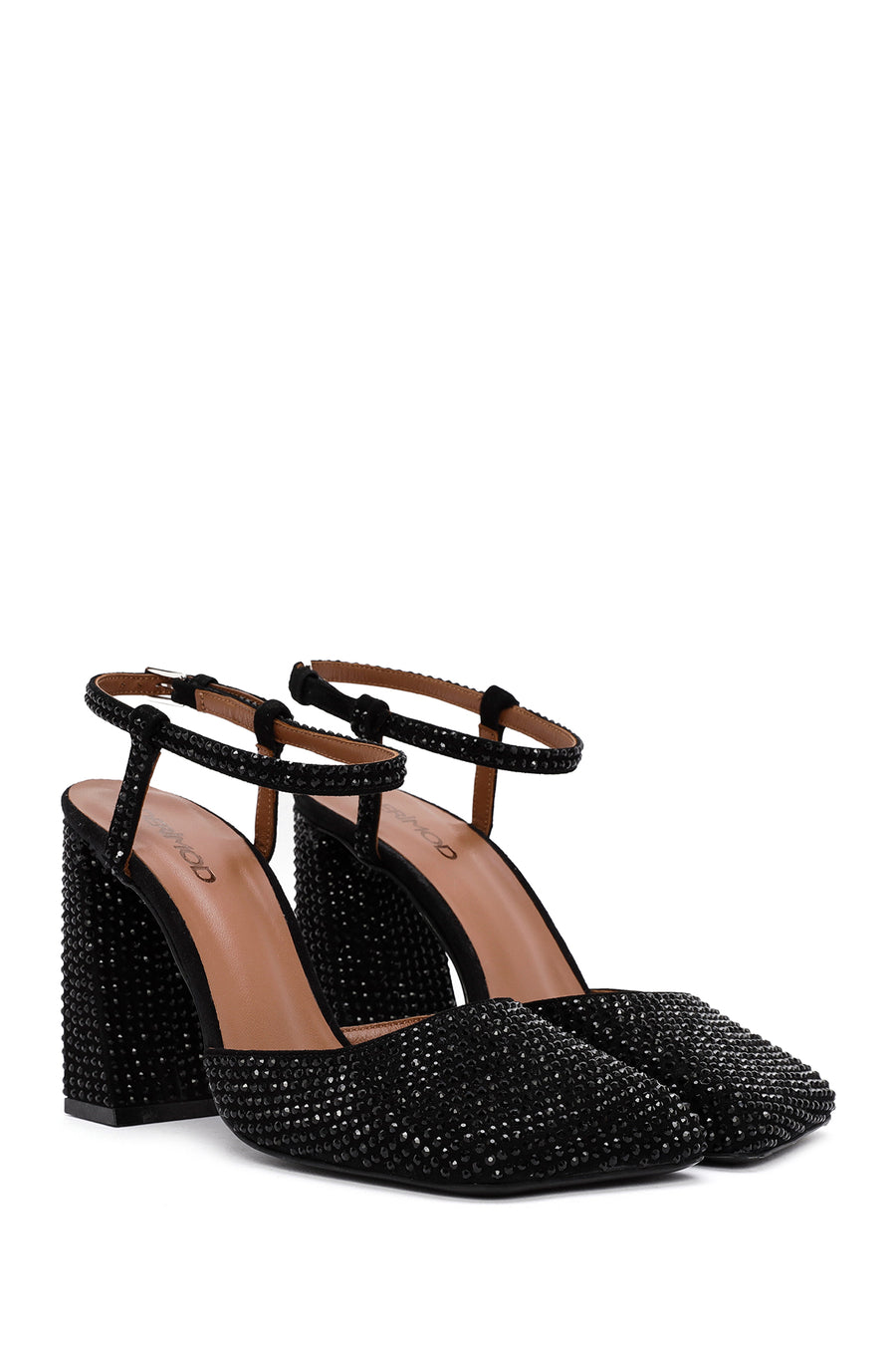 Women's Black Stoned Thick Heeled Leather Shoes