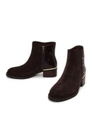 Woman Brown Zip Closure Crocodile Pattern Chunky Heeled Suede Boots | Derimod