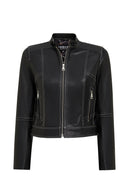 Joy Woman Black Short Leather Jacket | Derimod