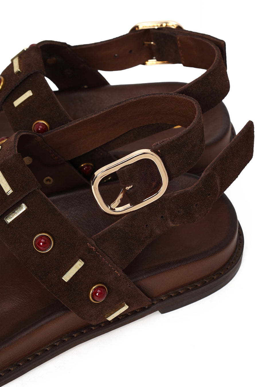 Woman Brown Stone-Embellished Suede Leather Sandals