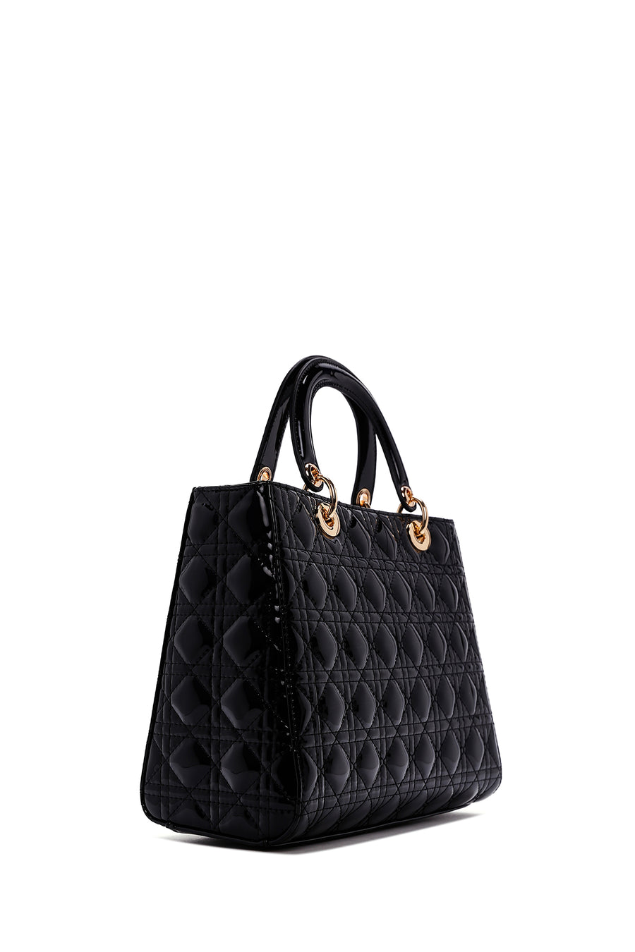 Women's Black Long Strap Patterned Patent Leather Handbag
