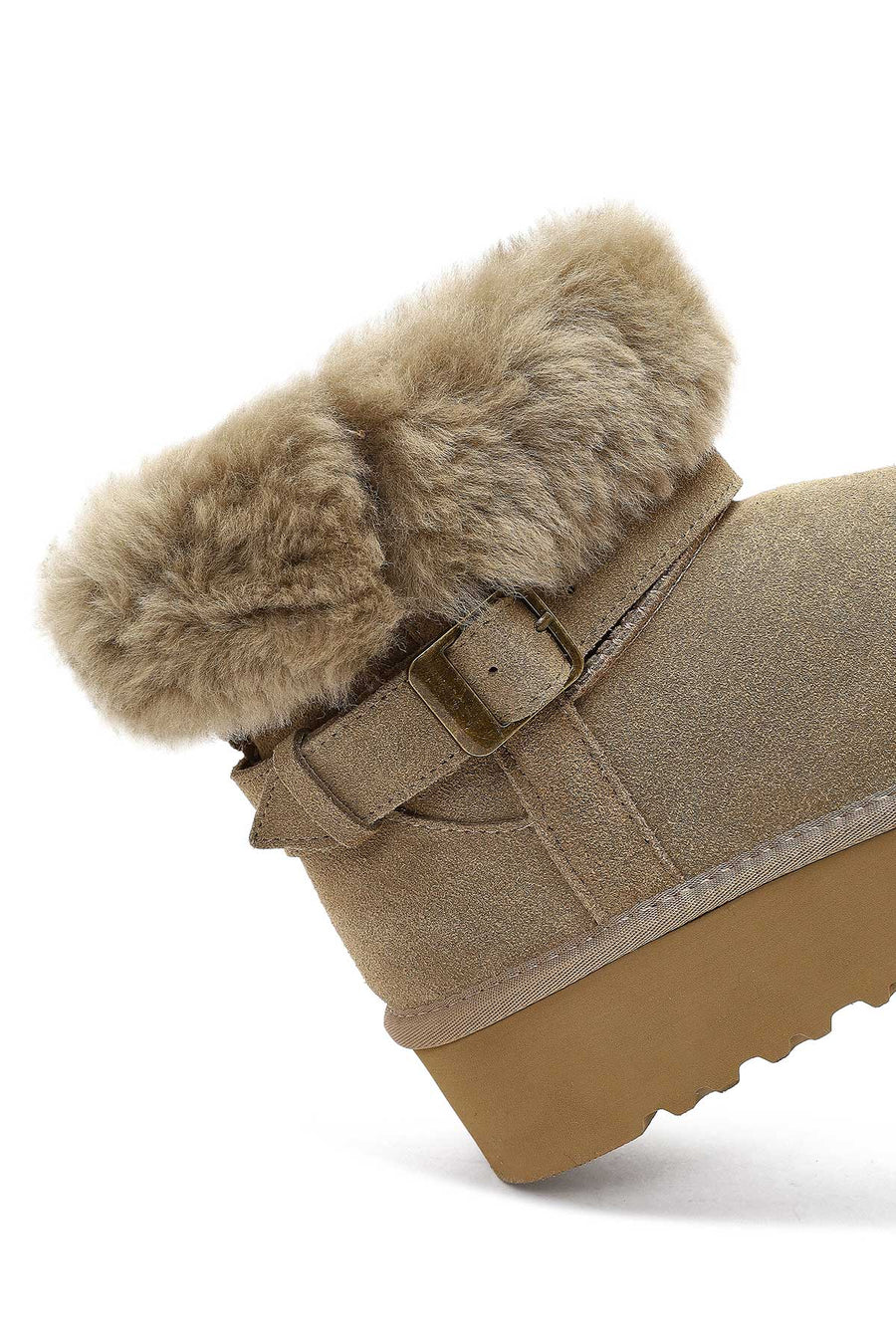 Women's Beige Thick-Soled Fur Detailed Suede Leather Teddy Boot