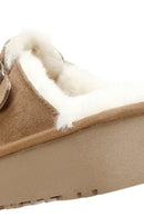 Women's Camel Thick-Soled Fur Detailed Suede Leather Slippers | Derimod