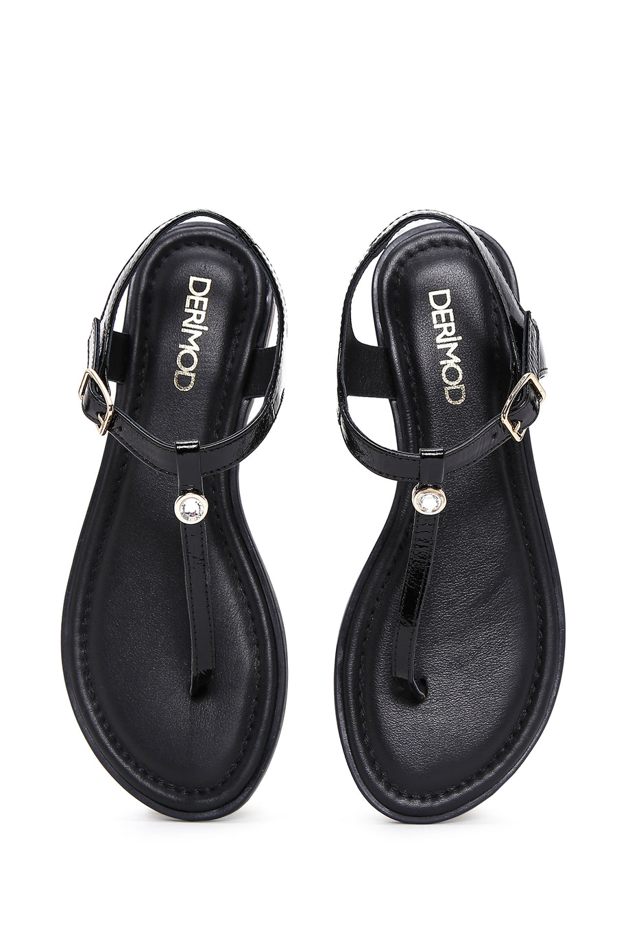 Women's Black Ankle Strap Flip-Flop Patent Leather Sandals