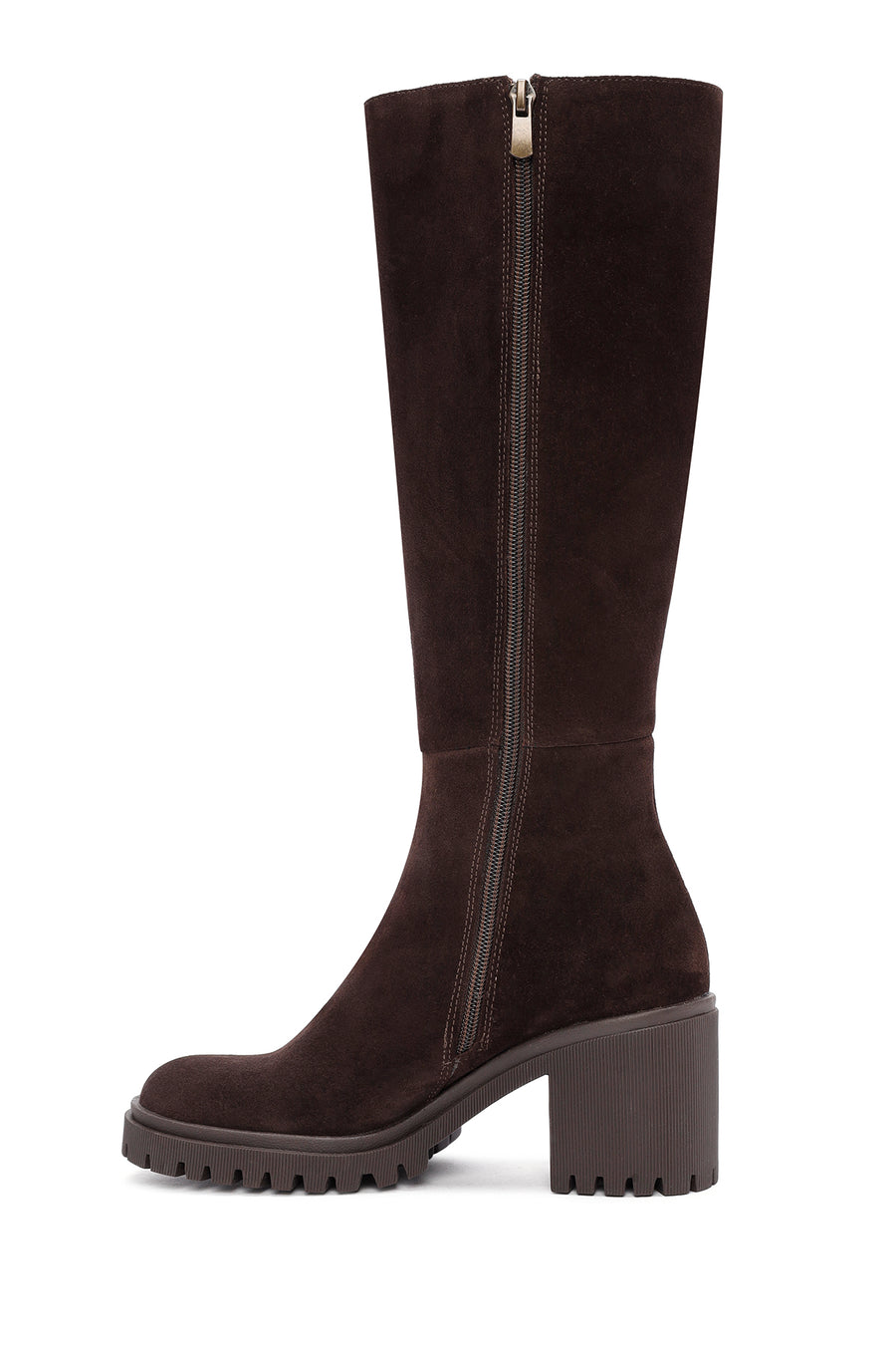 Women's Brown Zippered Chunky Heel Suede Leather Boots