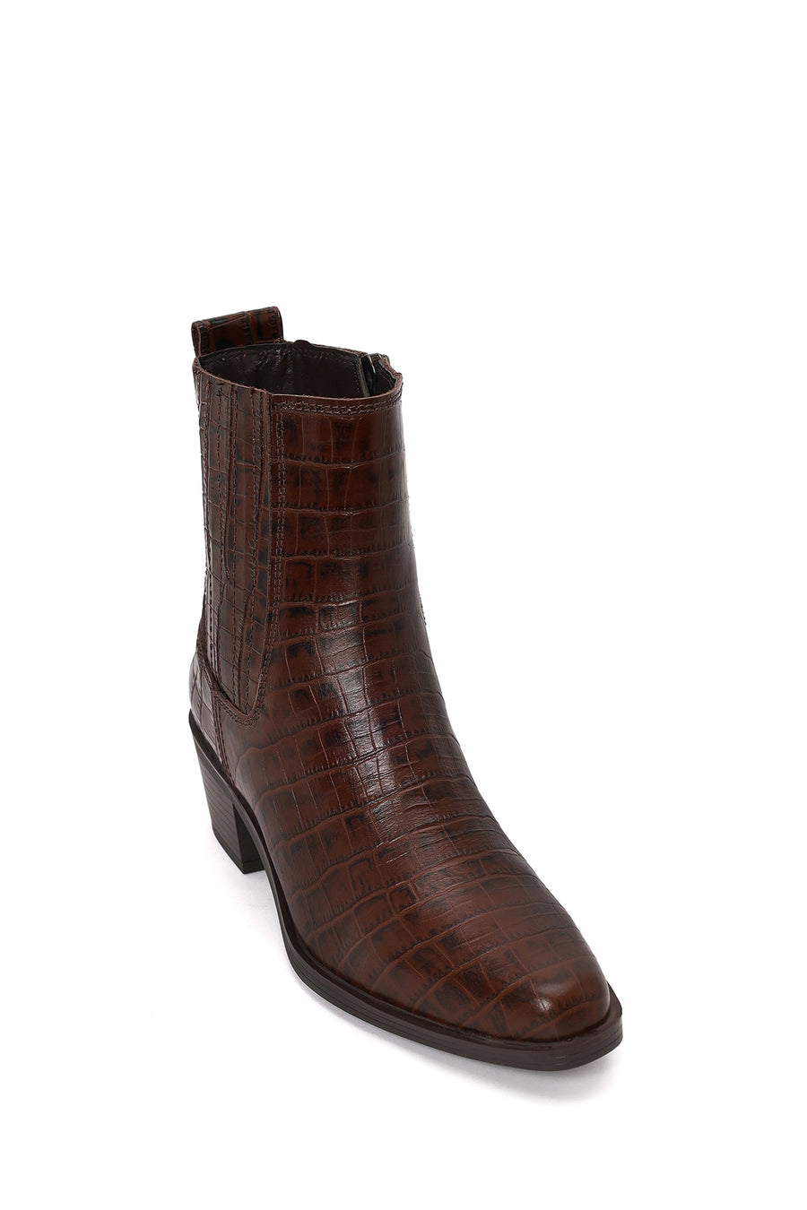 Woman Brown Thick-heeled Croc-embossed Leather Cowboy Boots