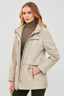 Agatha Women's Beige Hooded Long Leather Coat | Derimod