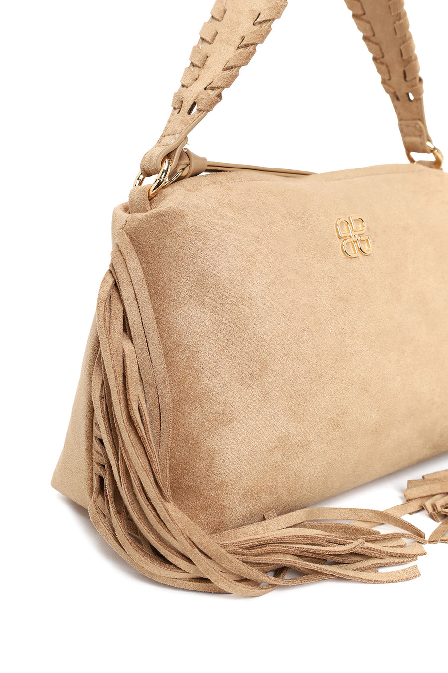 Woman Beige Suede Shoulder Bag with Long Chain Strap and Tassel
