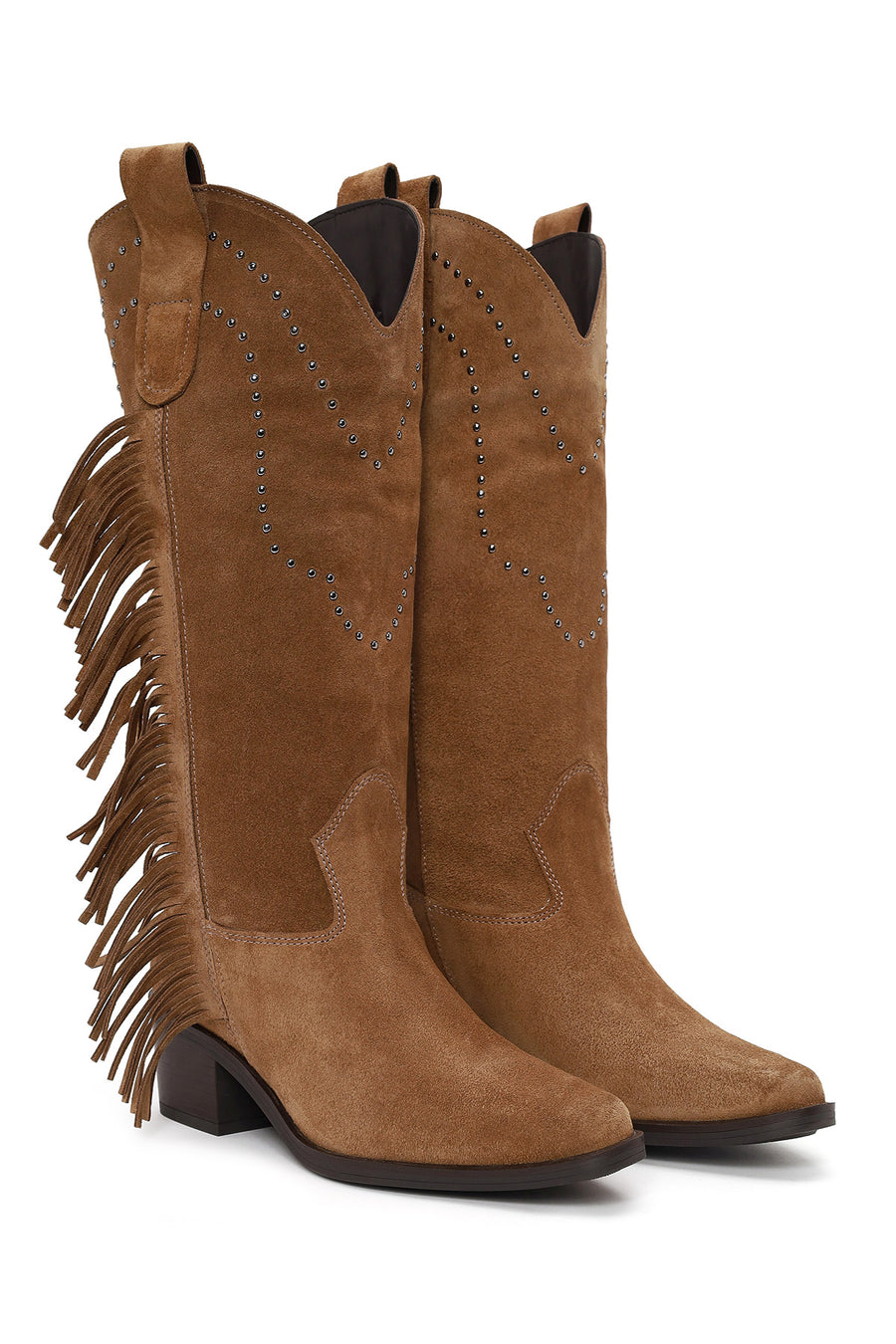 Kadın Taba Püsküllü Kalın Topuklu Süet Deri Kovboy Çizme