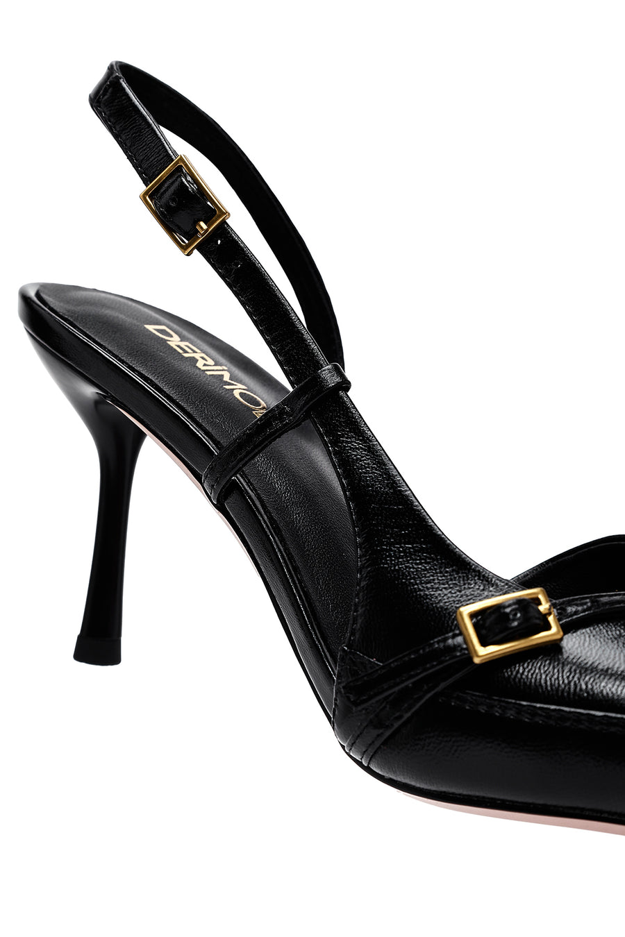 Women's Black Ankle Buckle Open Back Thin Heel Leather Shoes