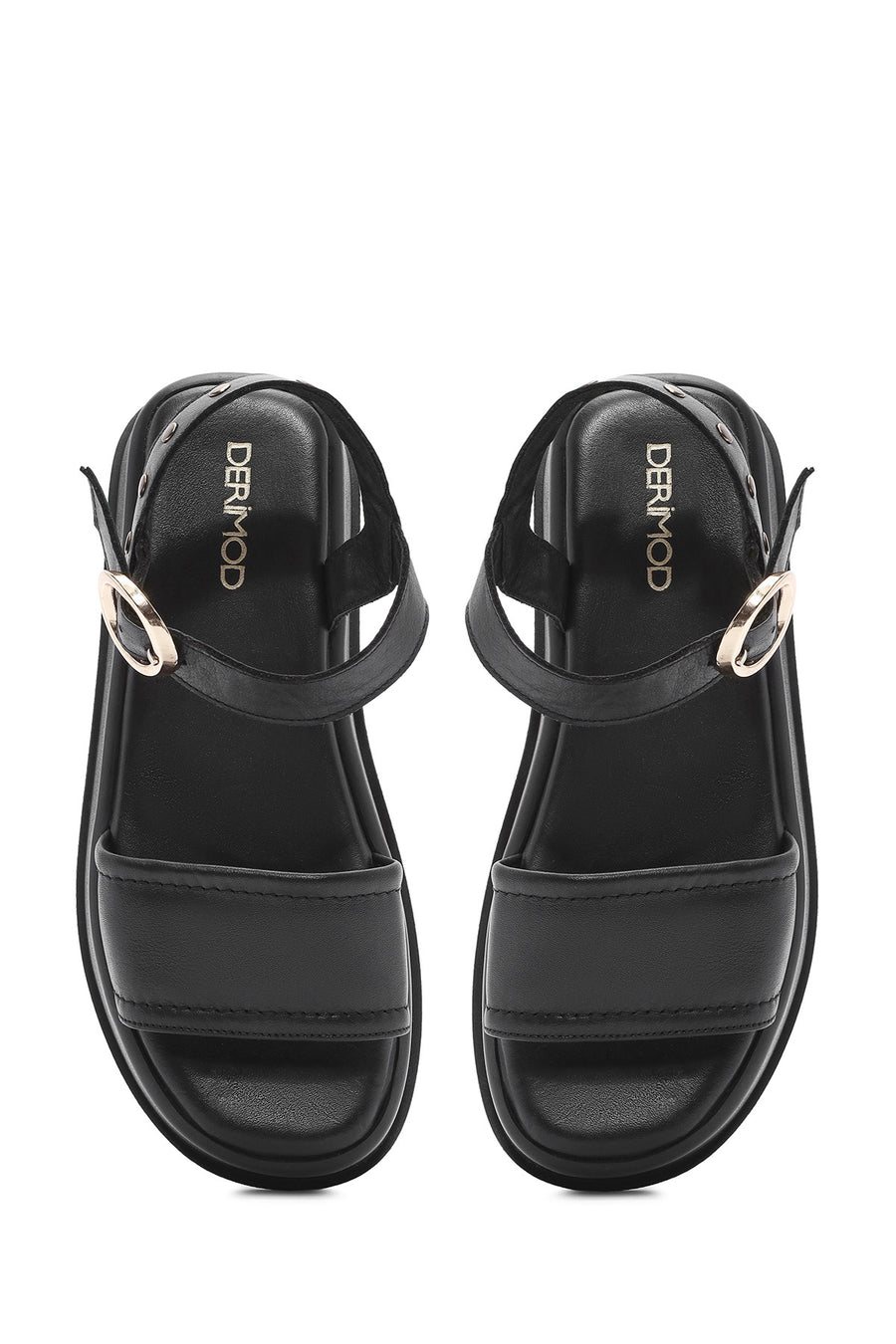 Women's Black Ankle Buckle Thick Soled Leather Sandals