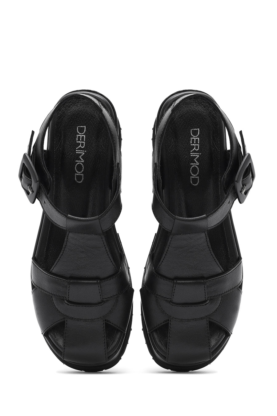 Women's Black Ankle Strap Thick-Sole Leather Sandals