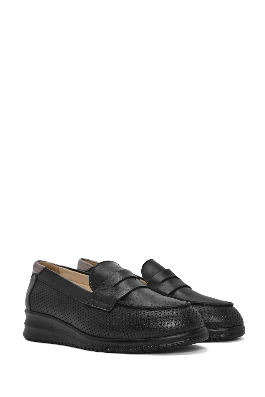 Women's Black Wedge Heel Leather Comfort Loafer