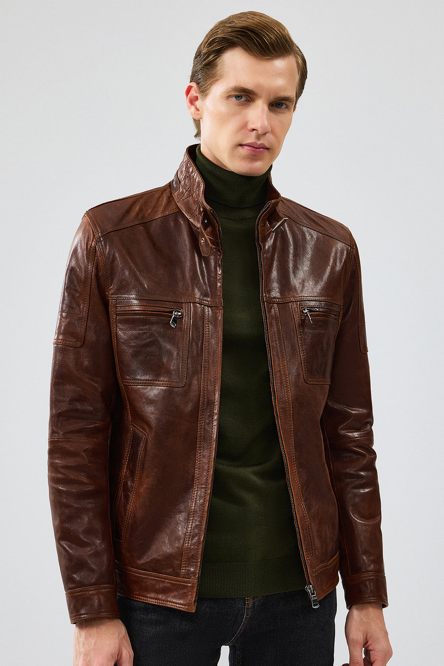 Wade Men's Brown Slim-Fit Leather Jacket