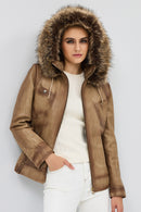 Meggy Women's Beige Hooded Furry Leather Jacket | Derimod