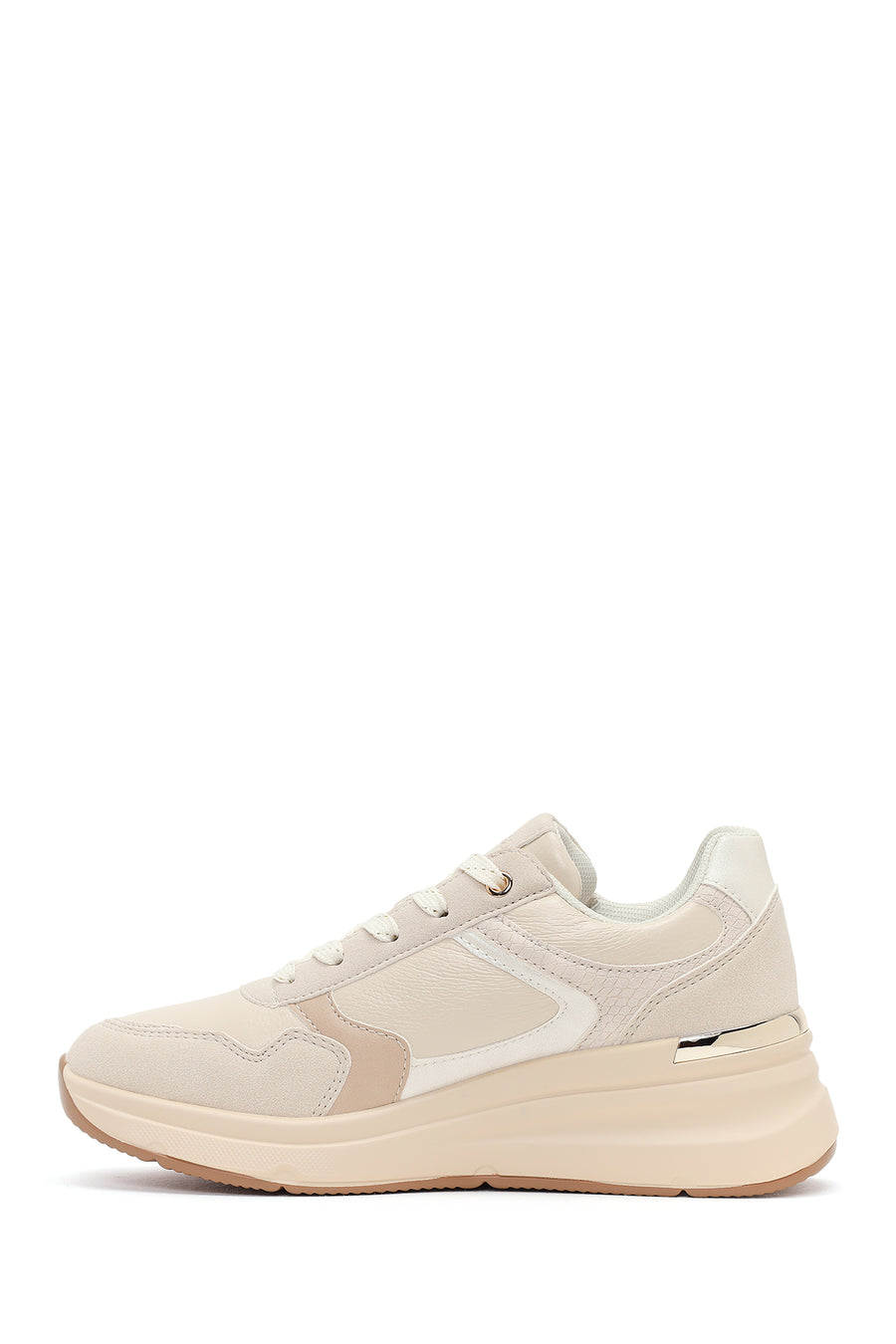 Kadın Bej Yandan Fermuarlı Bağcıklı Kalın Tabanlı Sneaker