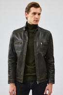 Wade Men's Green Slim-Fit Leather Coat | Derimod