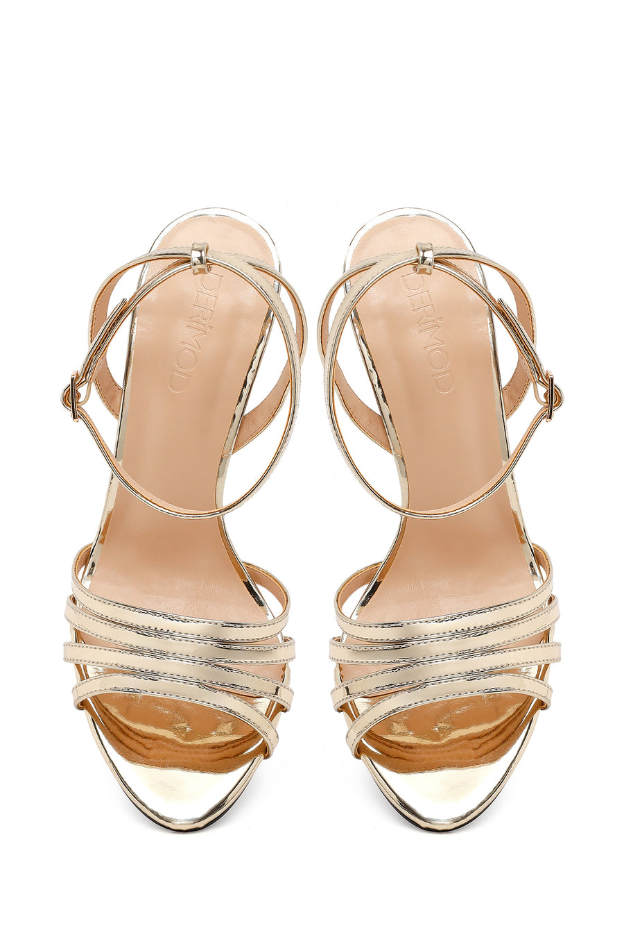 Woman Gold Ankle-Strap Buckled High Thin-Heel Metallic Sandal