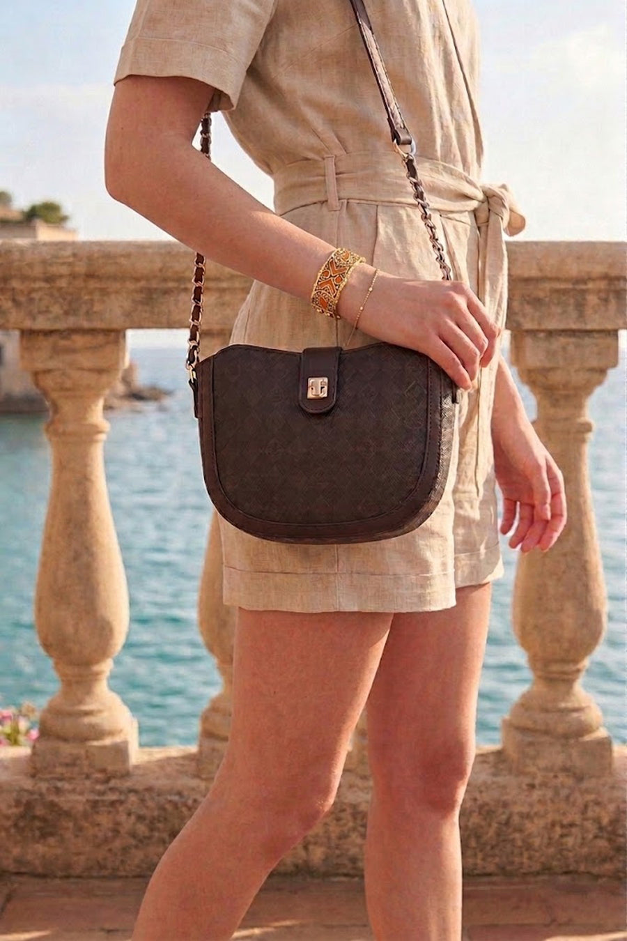 Woman Brown Long-Strap Printed Shoulder Bag