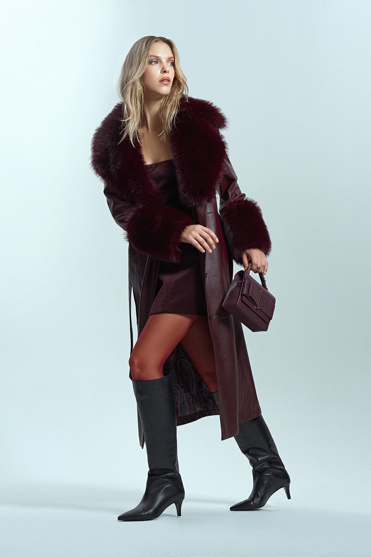 Penelope Women's Burgundy Fur Leather Coat 23WGE5113R3 | Derimod