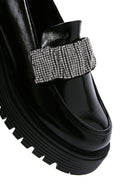 Women's Black Patent Leather Stone Masculine Loafer | Derimod