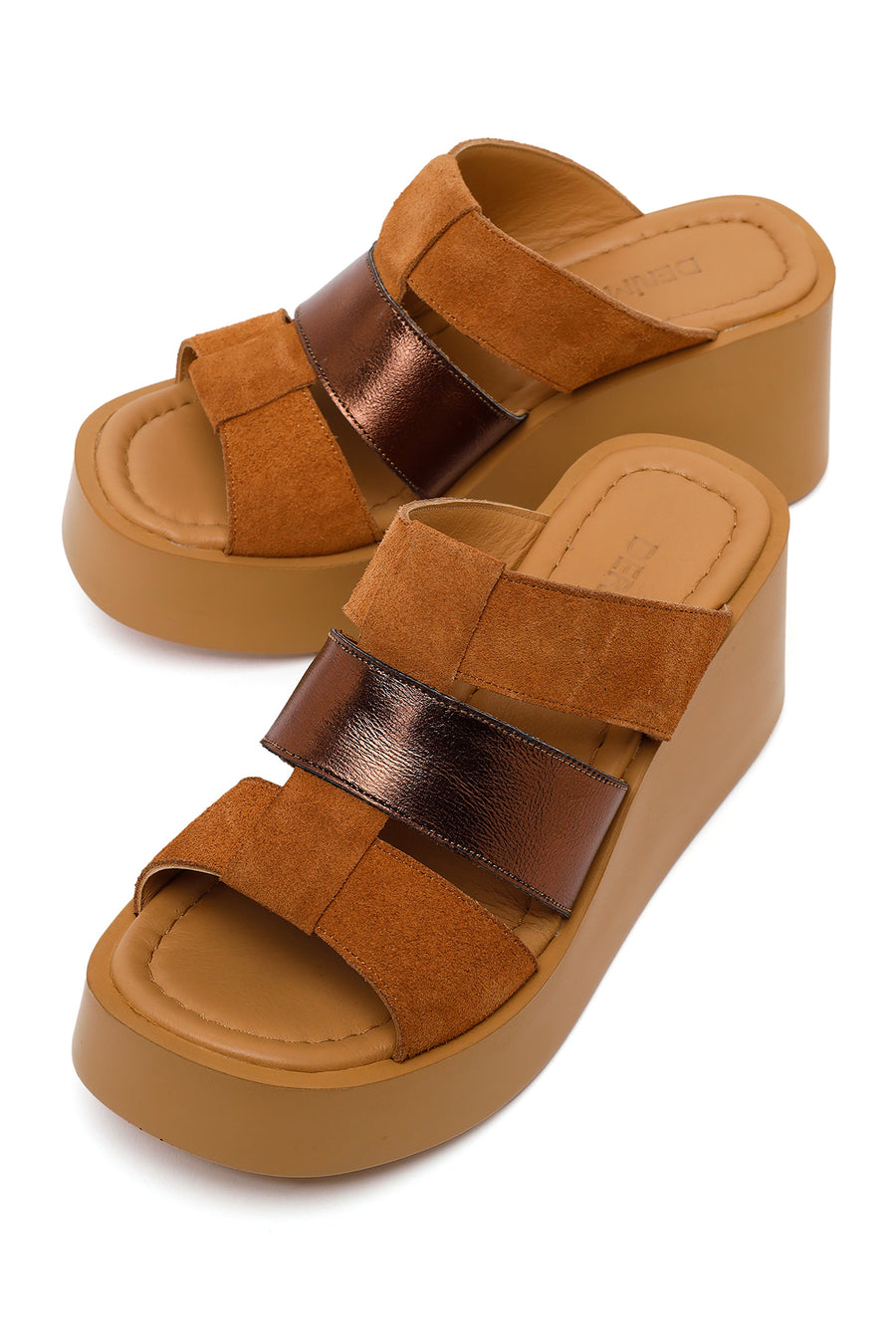 Woman Tan Wedge-Heel Suede Leather Comfort Slippers
