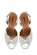 Women's Silver Ankle Buckle Stone Embellished Thin-Heeled Leather Sandals | Derimod