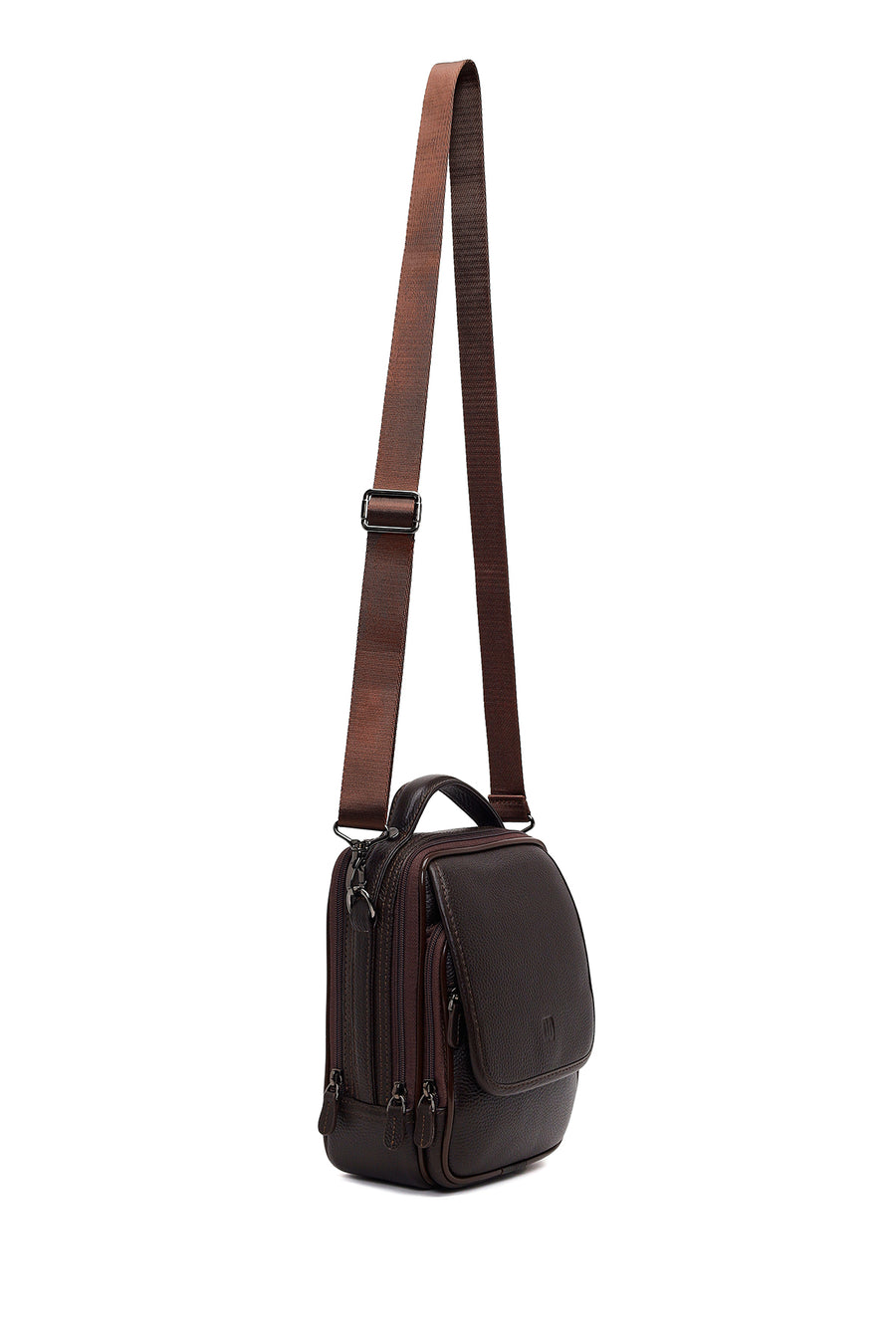 Male Brown Long-Strap Leather Mini Handbag