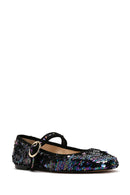 Women's Purple Sequin Patterned Leather Ballerinas | Derimod