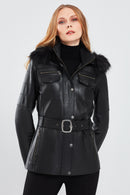 Lavinia Women's Black Hooded Fur Leather Coat | Derimod