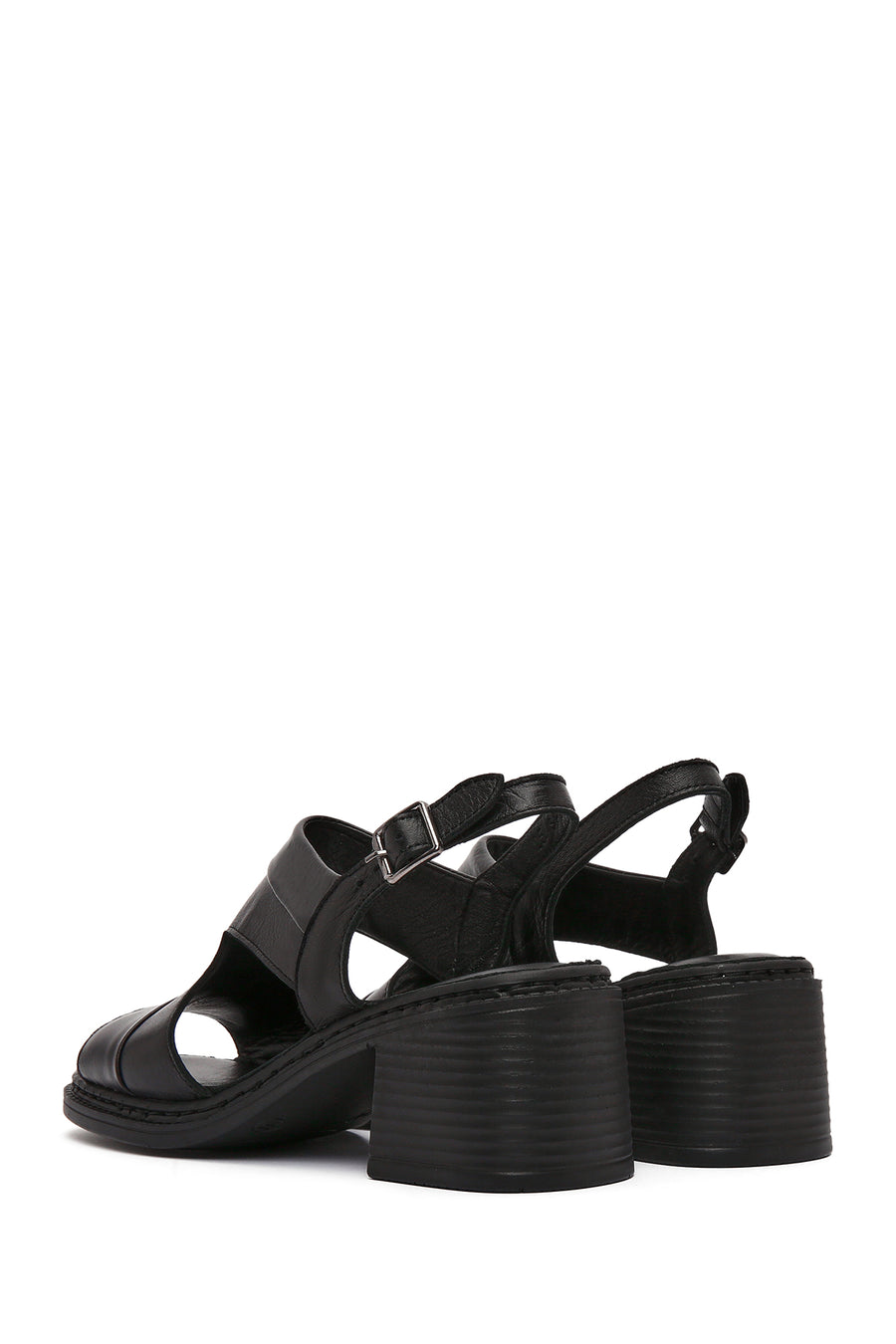 Women's Black Ankle Strap Thick Heeled Leather Sandals