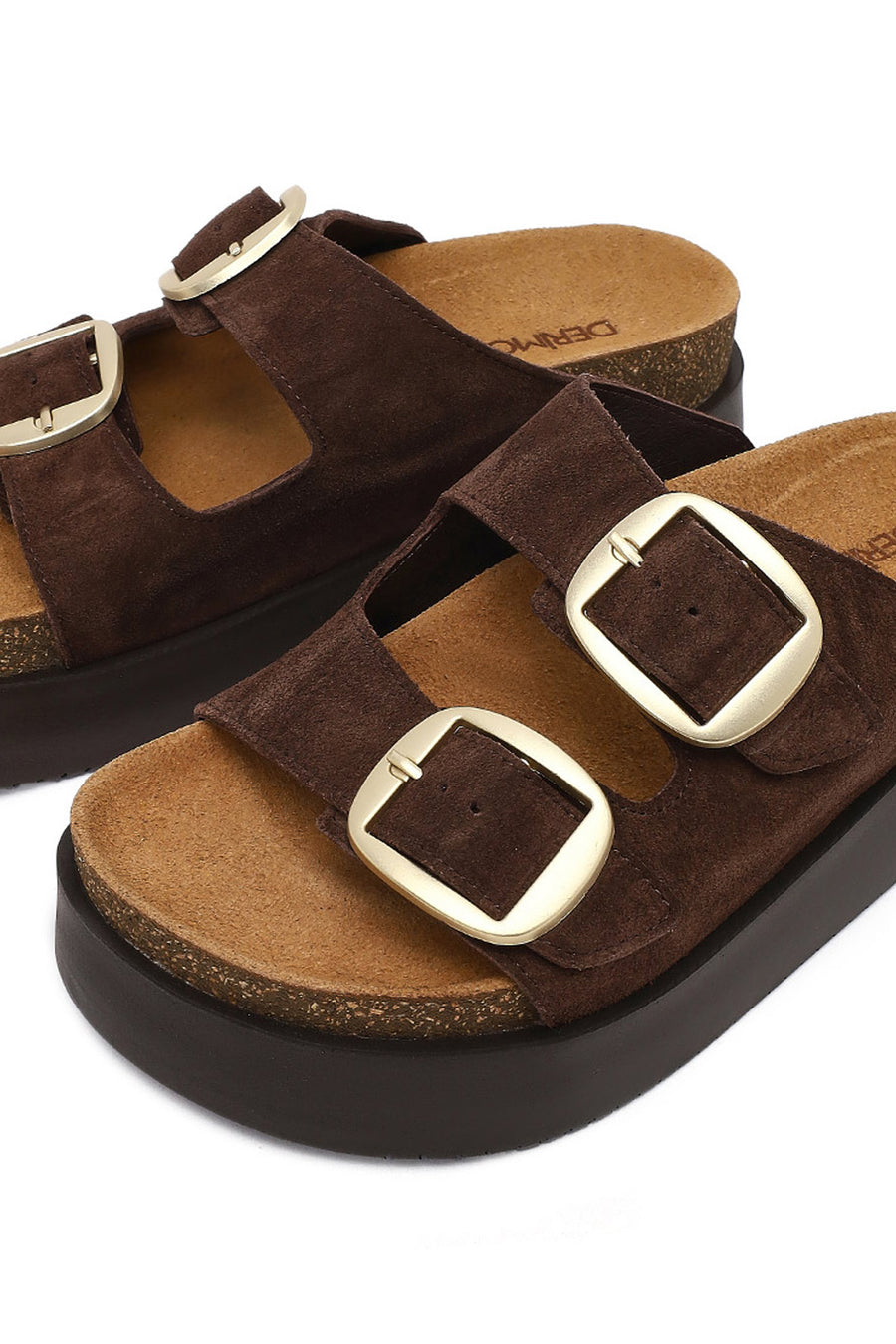 Women's Brown Double Buckle Thick Sole Suede Leather Slippers