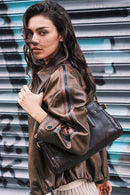 Nana Woman Brown Shirt-Collar Oversize Short Leather Jacket | Derimod