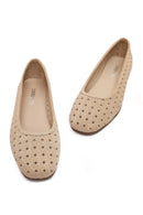 Women's Beige Patterned Suede Leather Ballet Flats | Derimod