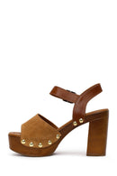 Woman Tan Ankle-Buckle Platform High Thick-Heeled Suede Sandal | Derimod