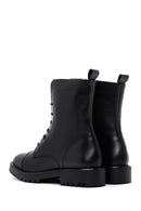 Women's Black Lace-Up Zipper Detailed Leather Combat Boots | Derimod