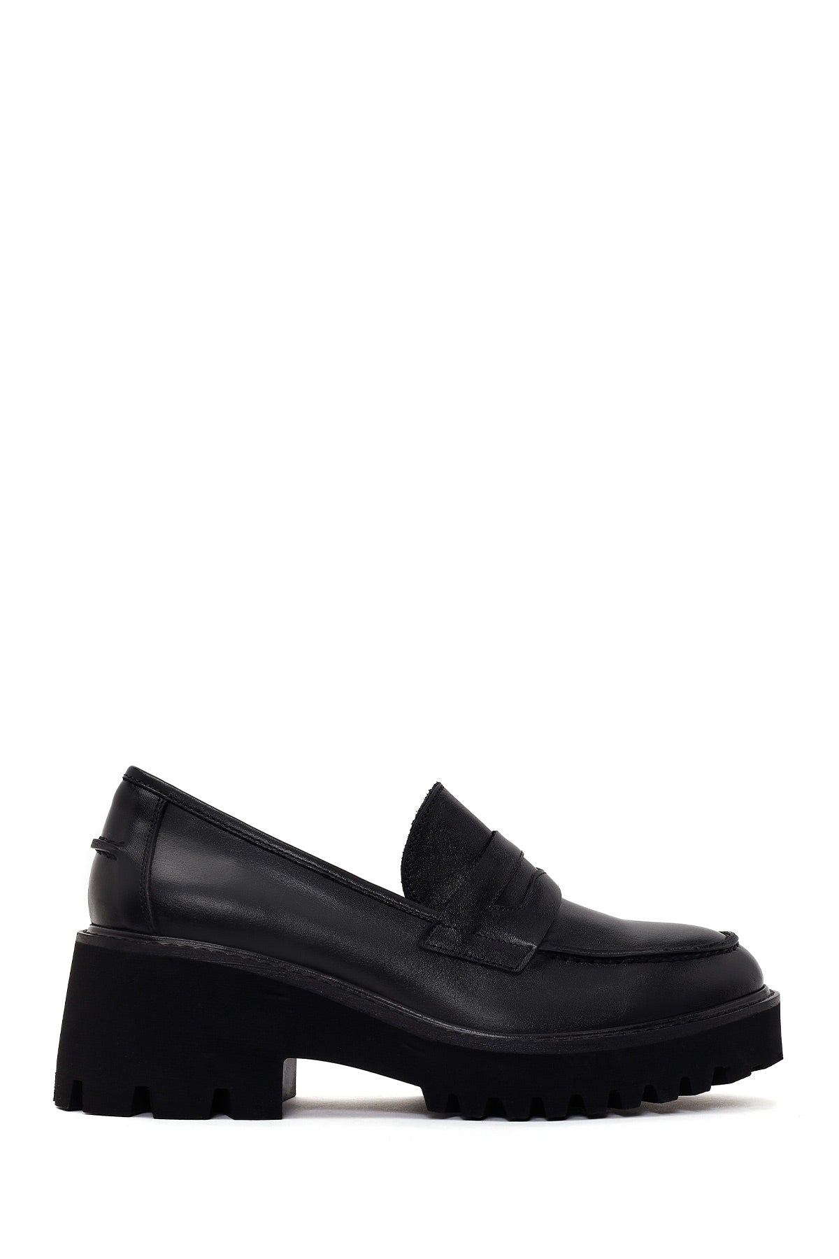 Woman Black Chunky-Heeled Leather Masculine Loafer AF180021DV | Derimod