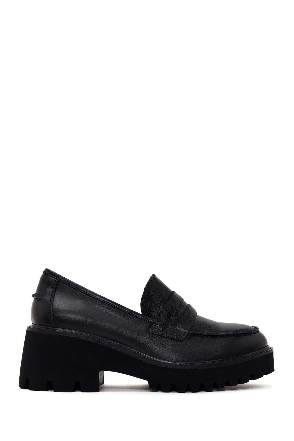 Kadın Siyah Kalın Topuklu Deri Maskülen Loafer