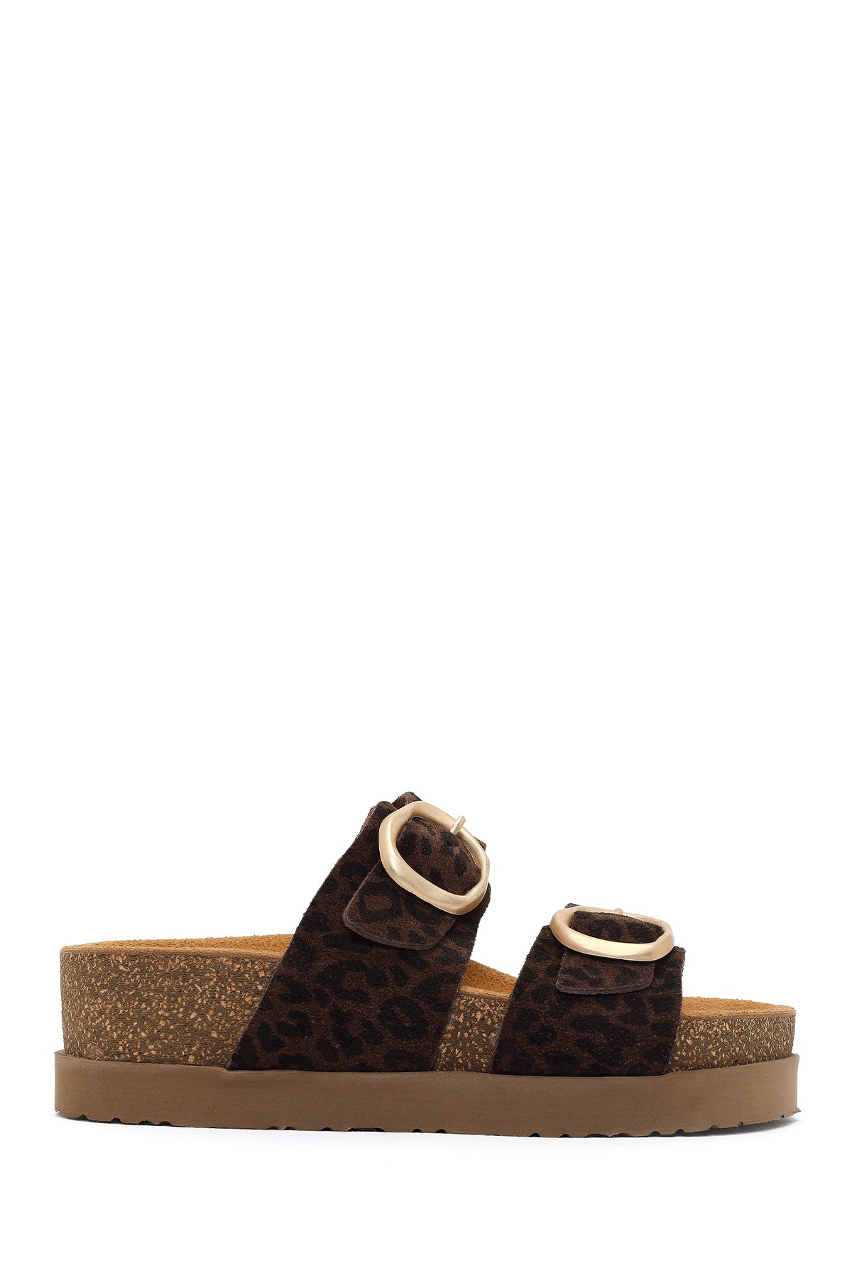 Kadın Kahverengi Çift Tokalı Leopar Desenli Kalın Tabanlı Süet Deri Terlik 26SFD203810 | Derimod