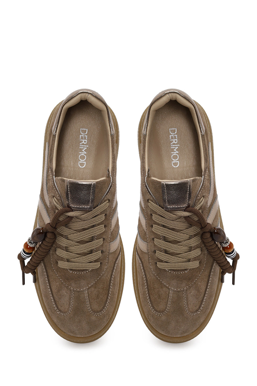 Woman Beige Lace-up Charm Suede Leather Sneaker