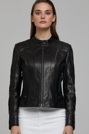 Ella Women's Black Stretch-Fit Leather Jacket | Derimod